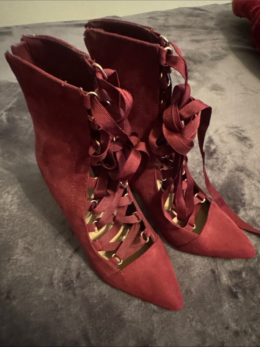 Lace-Up Pointed Toe Ankle Heels in Burgundy